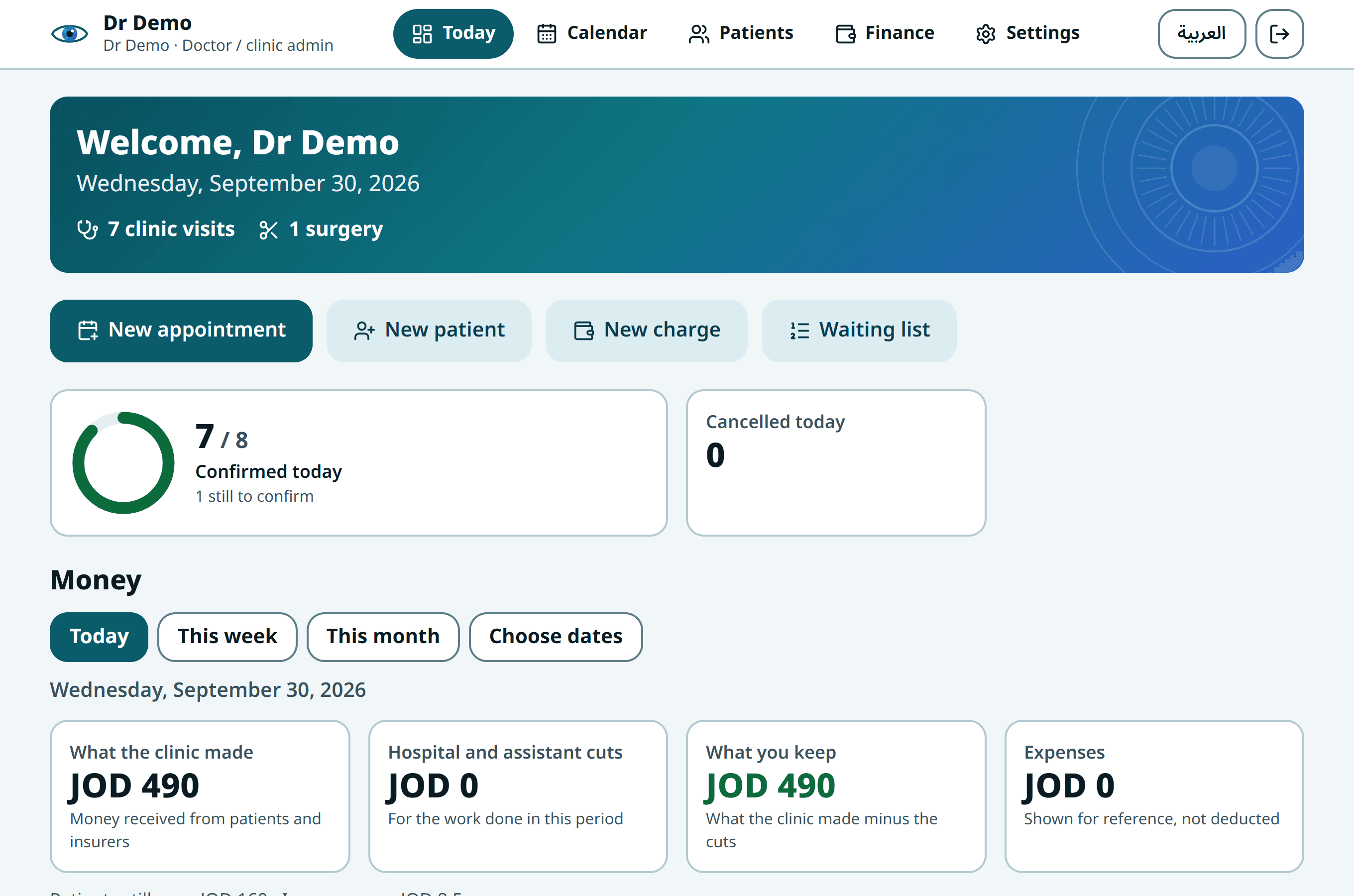 The app's dashboard: today's appointments, confirmations and income